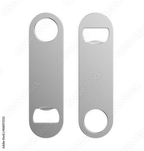 Blank bottle metal opener for promotional branding presentation 3d illustration.