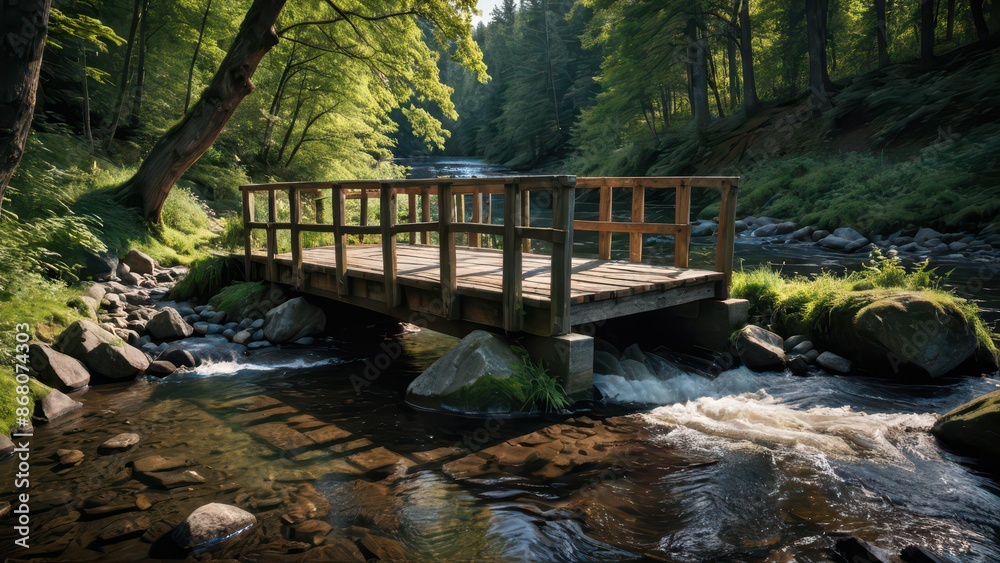 Fototapeta premium Wooden Bridge Over River In Forest.