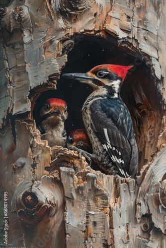 Woodpecker bird in tree hole nest with its piculets  photo