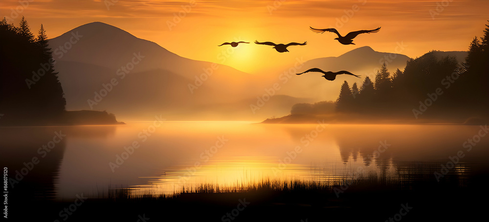 Showcase the reflection of birds in flight on the summer