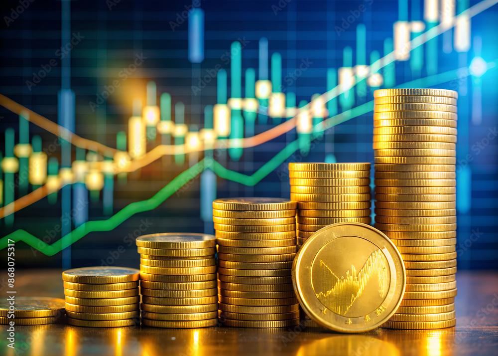 Growth gold coin with diagram, investment business finance , background, copy space Growth gold coin with diagram, investment business finance , background, copy space