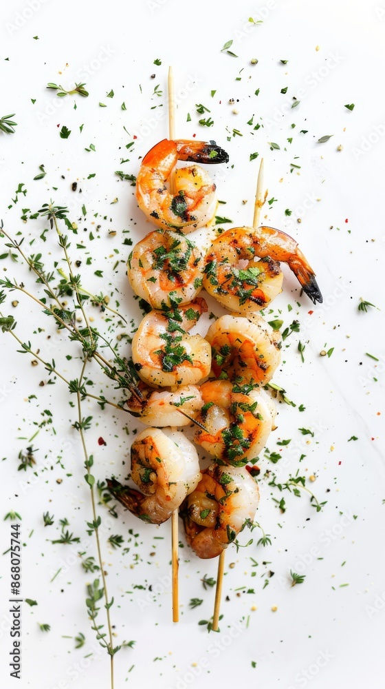 Grilled shrimp skewers with herbs on white background