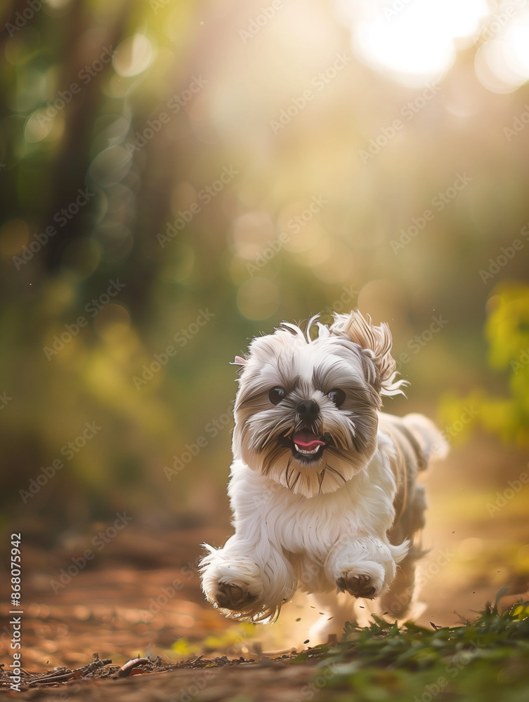 Full body shot of a Shih Tzu, happily running in the soft sunlight. Full body shot of a Shih Tzu, happily running in the soft sunlight.