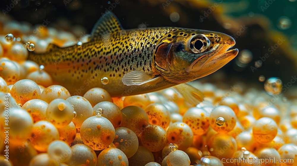 A trout swimming in bubbles. A trout swimming in bubbles.
