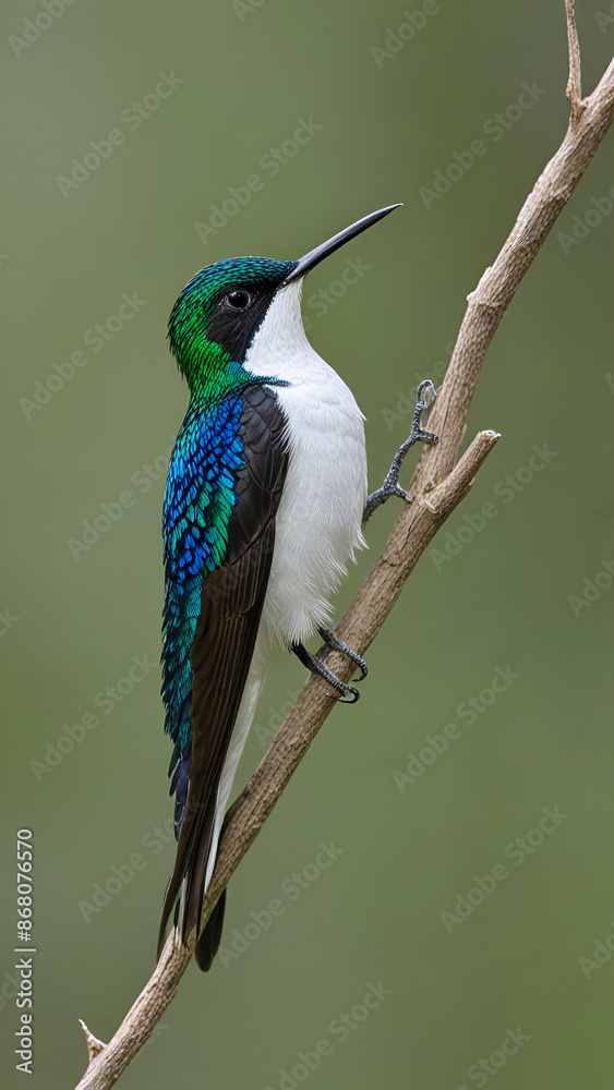 Fototapeta premium White necked Jacobin Vibrant female white-necked jacobin hummingbird showcases iridescent blues and greens in a stunning close-up shot amidst lush, tropical foliage.GENERATE AI,