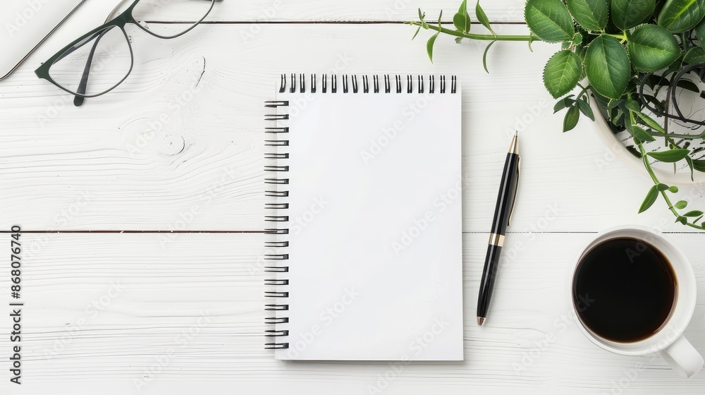 Fototapeta premium Office desk with a blank notebook and pen