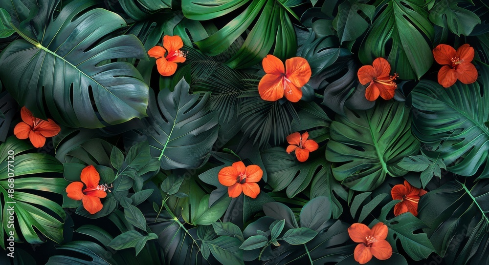 Lush Green Tropical Foliage With Vibrant Orange Flowers Lush Green Tropical Foliage With Vibrant Orange Flowers