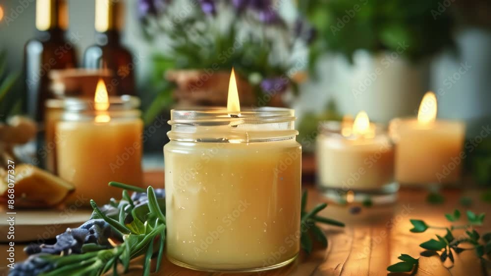 Close-up shot of burning candles on a wooden table with lavender sprigs. Close-up shot of burning candles on a wooden table with lavender sprigs.