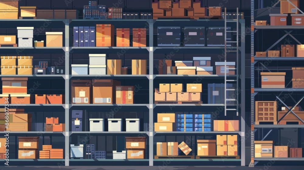 Warehouse shelves with boxes and goods