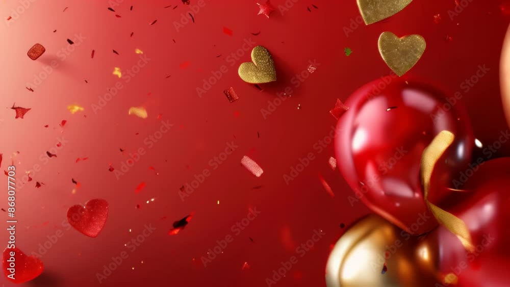 Red and gold heart balloons falling on red background Red and gold heart balloons falling on red background