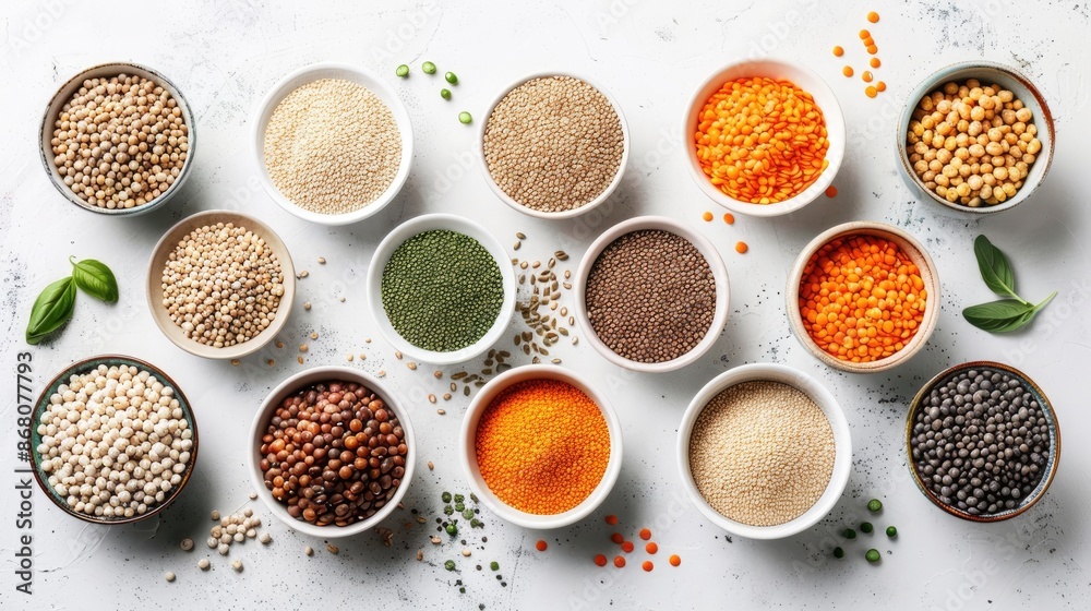 Assorted uncooked grains and legumes in bowls and cups Concept of clean eating and plant based diet Assorted uncooked grains and legumes in bowls and cups Concept of clean eating and plant based diet