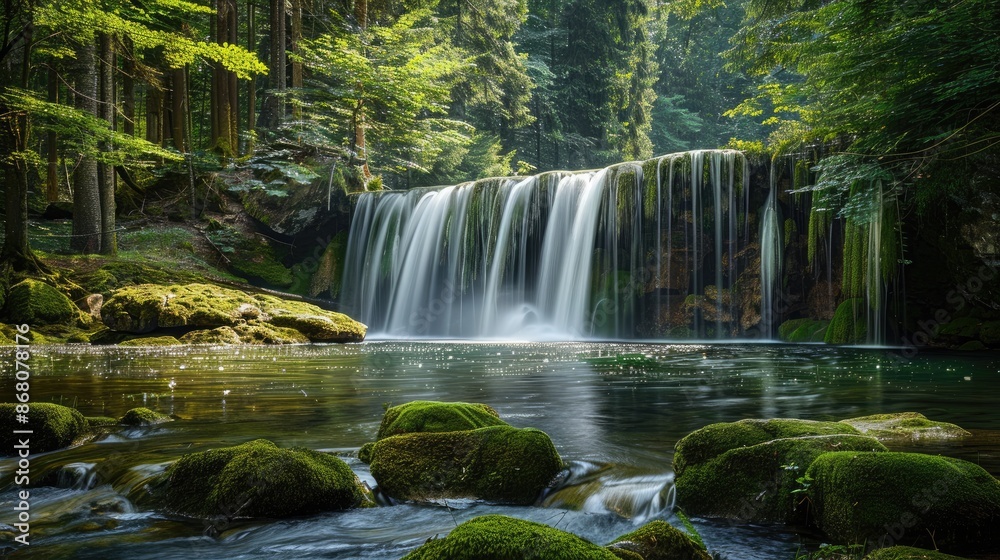 Fototapeta premium A tranquil waterfall in a secluded forest, with moss-covered rocks and tall green trees surrounding the scene