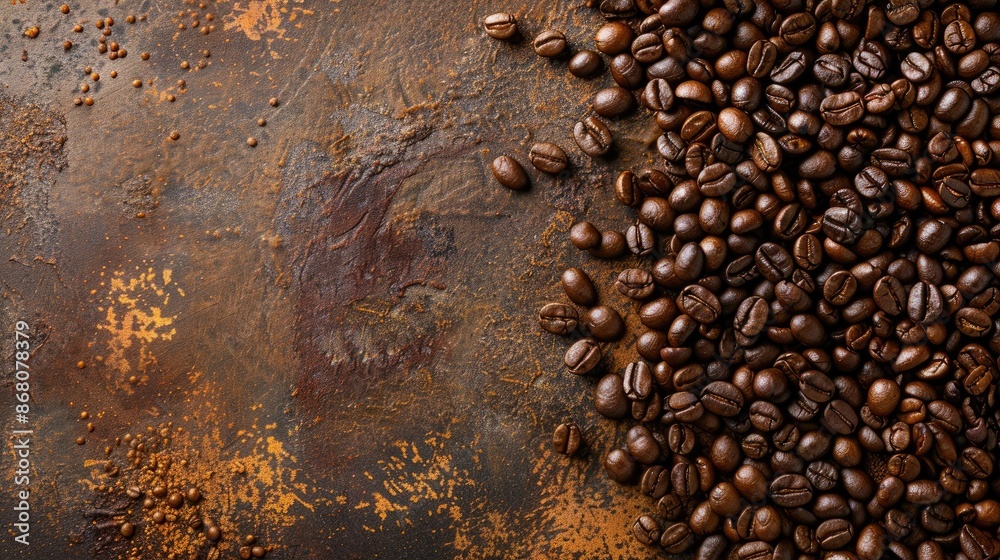Coffee beans roasted displayed on table with space for text Coffee beans roasted displayed on table with space for text