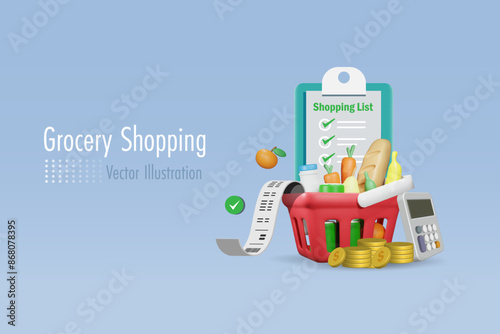 Grocery basket with shopping check list and calculator. To control grocery expenses budget, inflation, consumerism and economize cost of living concept. 3D vector.