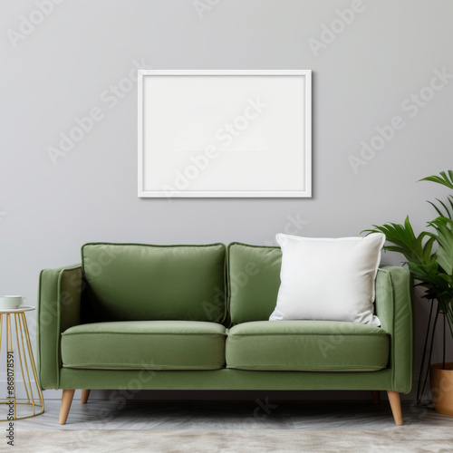 Blank picture frame hanging on wall at living room with some decoration mockup
