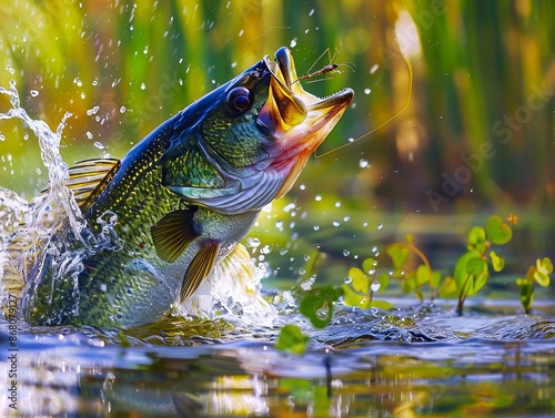 A large bass jumping out of the water.