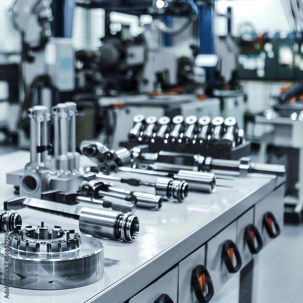 Shining factory surfaces, tools in designated places, high angle, soft light, pristine and organized atmosphere, isolated on white background, Shining factory surfaces, tools in designated places, high angle, soft light, pristine and organized atmosphere, isolated on white background,