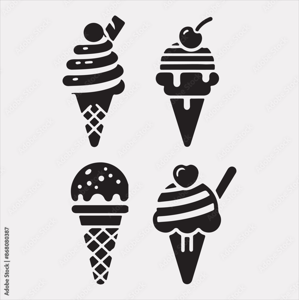 A Set of 4pcs Ice Cream Icons Silhouette vector Illustration with White Background A Set of 4pcs Ice Cream Icons Silhouette vector Illustration with White Background