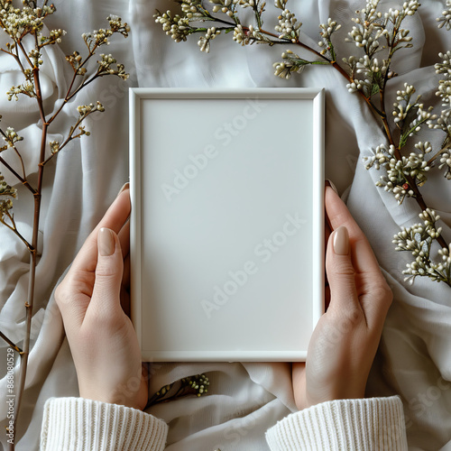 Blank picture frame hanging on wall at living room with some decoration mockup
