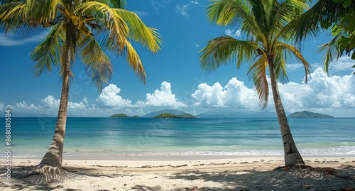Two Palm Trees Framing a Tropical Beach Scene on a Sunny Day