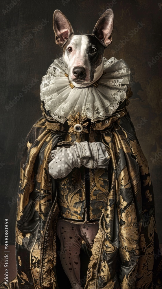 Fototapeta premium A dog dresses up like a Regency-era aristocrat in lavish clothes. Have high confidence Too realistic There are special details.
