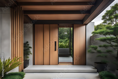 Modern main entrance door. bali minimalist style exterior of villa in forest.
