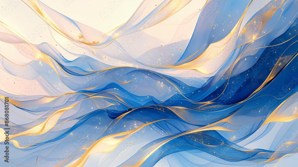 Abstract blue and gold background with flowing lines and glitter with ...