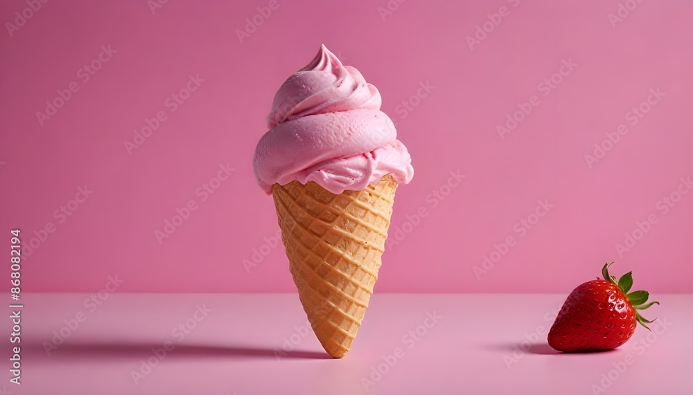 strawberry ice-cream cone and strawberry with pink background strawberry ice-cream cone and strawberry with pink background