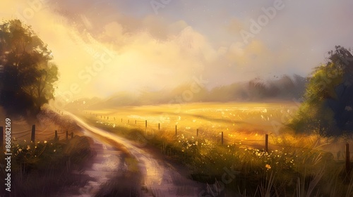 Winding rural road through lush fields sun filtering through clouds creating warm hazy Bokeh glow