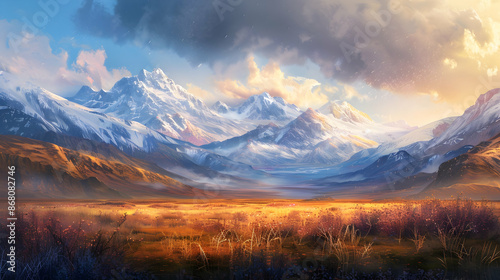 Expansive tundra with low-lying shrubs and wild grasses set against a backdrop of snow-capped peaks and a dramatic cloudy sky evoking a remote and wild beauty
