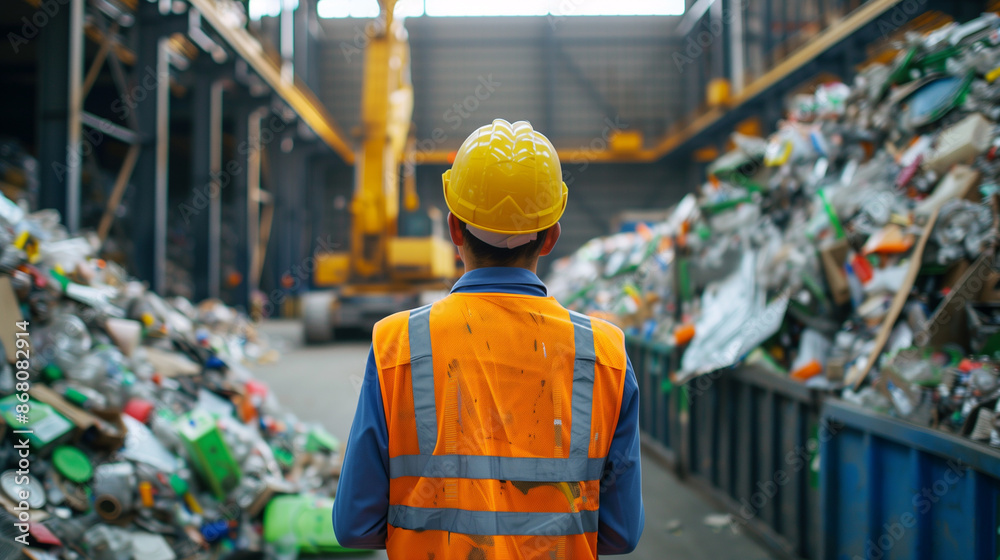 Foreman controls the recycle waste separation of recyclable waste plants. Waste plastic bottles and other types of plastic waste. back view worker who recycling thing on recycle center waste disposal Foreman controls the recycle waste separation of recyclable waste plants. Waste plastic bottles and other types of plastic waste. back view worker who recycling thing on recycle center waste disposal