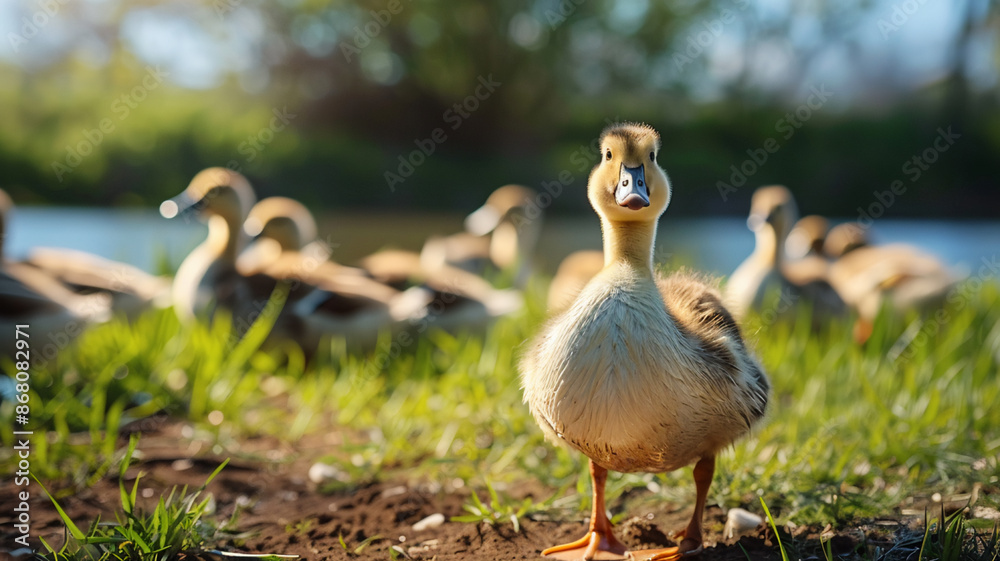Cute duckling waddling in meadow, AI Generative. Cute duckling waddling in meadow, AI Generative.
