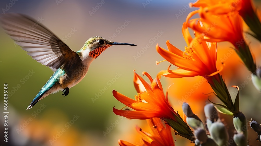 The image shows a hummingbird hovering near a cactus with orange flowers, captured in mid-flight The image shows a hummingbird hovering near a cactus with orange flowers, captured in mid-flight