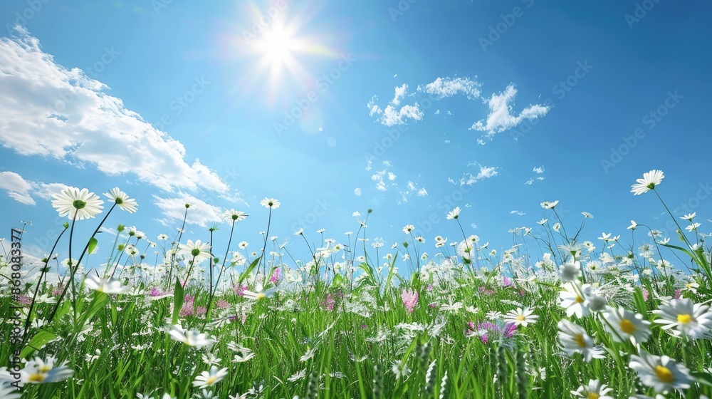 A serene meadow with wildflowers in full bloom, under a bright and clear blue sky.