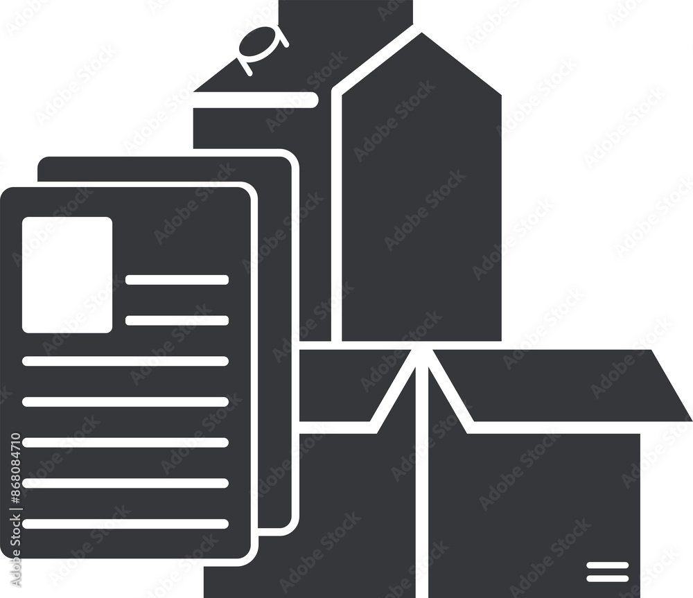 Isolated pictogram Paper, document, packaging, cardboard, box trash bin label icon sign Isolated pictogram Paper, document, packaging, cardboard, box trash bin label icon sign