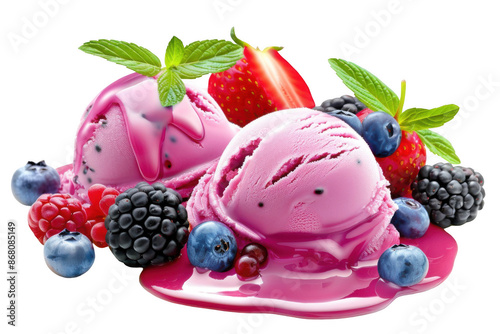 Pink berry ice cream scoops, blueberries and strawberries, mint leaves, on a transparent background.