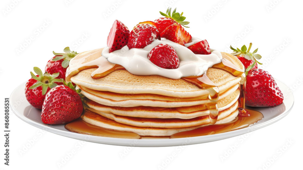 Strawberry Pancakes, Plate of pancakes with strawberries and cream, Sweet Breakfast on a transparent background. Strawberry Pancakes, Plate of pancakes with strawberries and cream, Sweet Breakfast on a transparent background.
