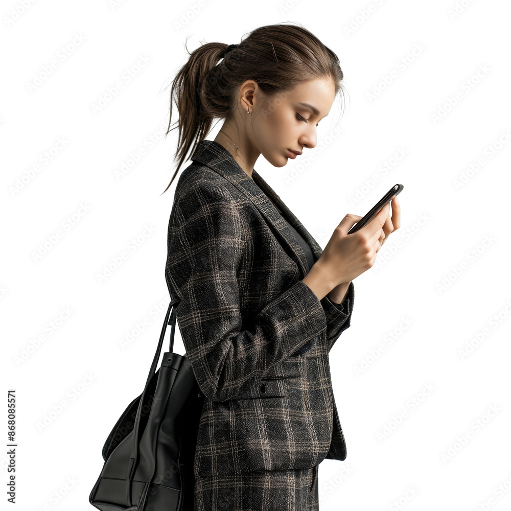 Portrait of beautiful young businesswoman in a suit with holding using smart phone and standing posing carrying a bag, beauty fashion concept, isolated on white background, png Portrait of beautiful young businesswoman in a suit with holding using smart phone and standing posing carrying a bag, beauty fashion concept, isolated on white background, png