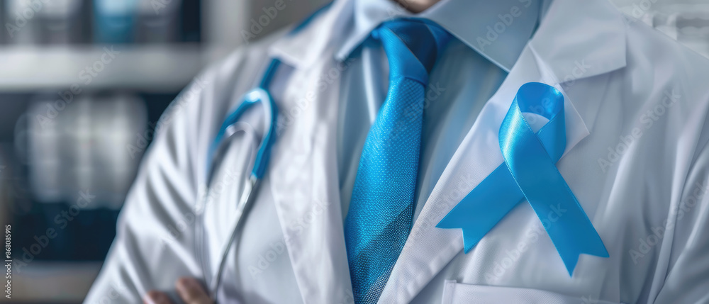 Cancer awareness small ribbon on doctor's white coat, closeup Cancer awareness small ribbon on doctor's white coat, closeup