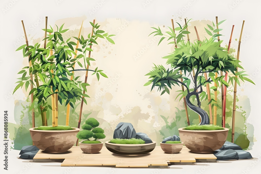 Fototapeta premium Bamboo and bonsai, natural colors, flat design, serene composition