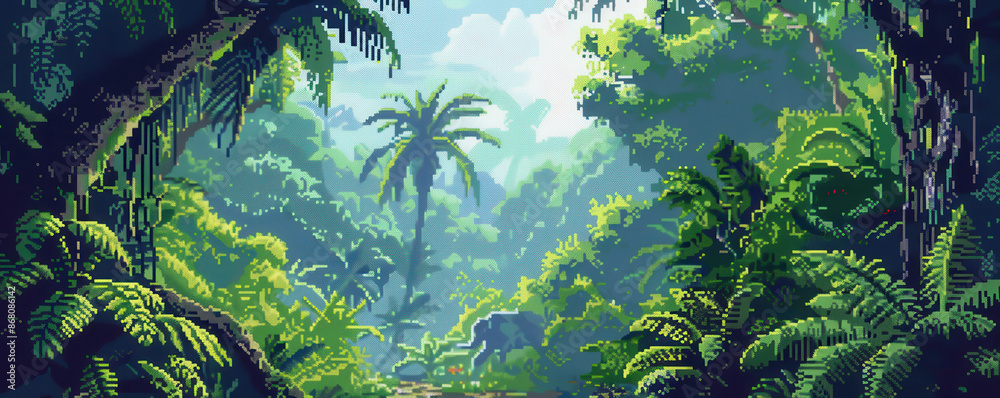 Lush jungle with pixelated plants and wildlife, pixel nature, dense rainforest Lush jungle with pixelated plants and wildlife, pixel nature, dense rainforest
