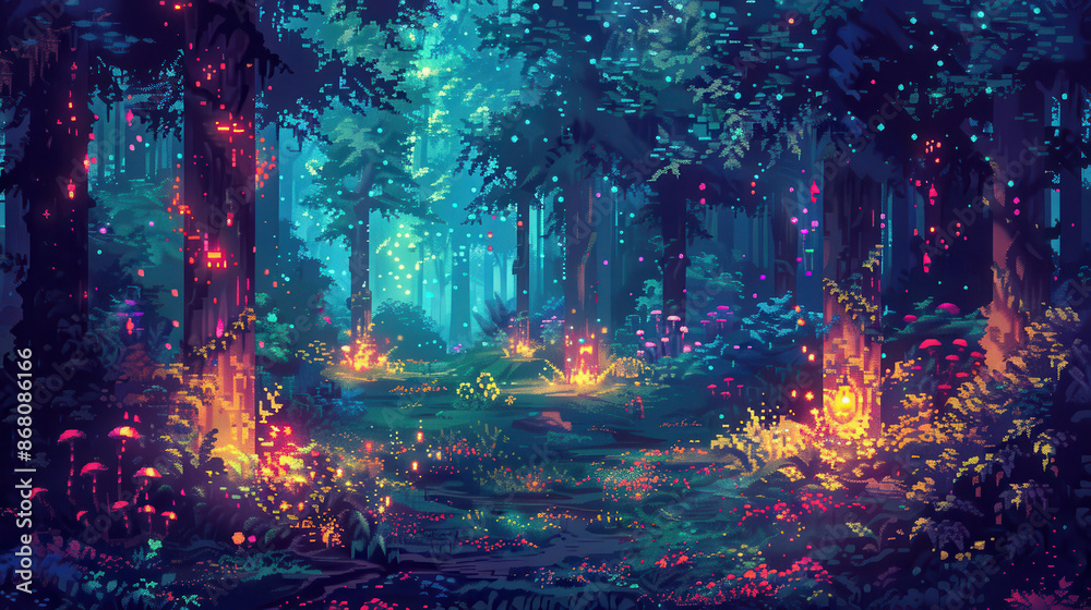 Mystic forest with pixelated glowing plants and magical atmosphere, pixel fantasy, enchanted woods Mystic forest with pixelated glowing plants and magical atmosphere, pixel fantasy, enchanted woods