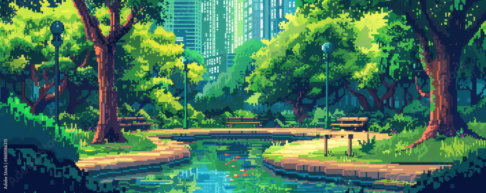 Obraz premium Pixelated city park with detailed trees and pathways, pixel urban, green oasis