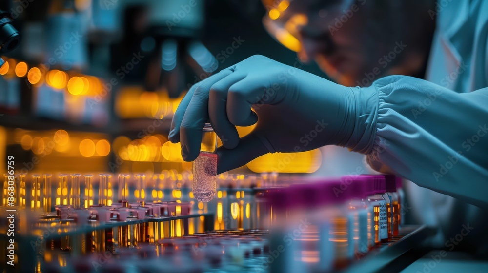 Scientist in a lab coat handling blood samples with various lab equipment in the background, highlighting the importance of precision in medical testing. Scientist in a lab coat handling blood samples with various lab equipment in the background, highlighting the importance of precision in medical testing.