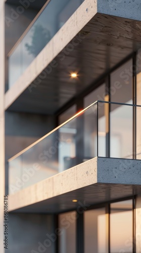 Modern architectural building with glass balconies at sunset  contemporary design concept
