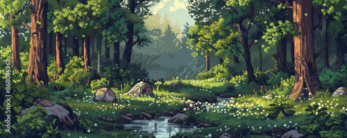 Serene forest with pixelated foliage and detailed textures, pixel landscape, tranquil nature