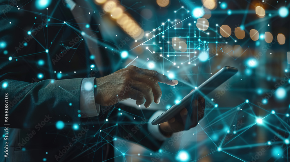 Focused professional reviewing a virtual blockchain network on a tablet, with data fields floating around, illustrating digital transformation and technology evolution. Focused professional reviewing a virtual blockchain network on a tablet, with data fields floating around, illustrating digital transformation and technology evolution.