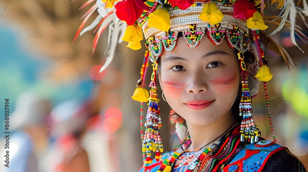 Vibrant Traditional Costume and Headdress Worn at Cultural Festival Vibrant Traditional Costume and Headdress Worn at Cultural Festival