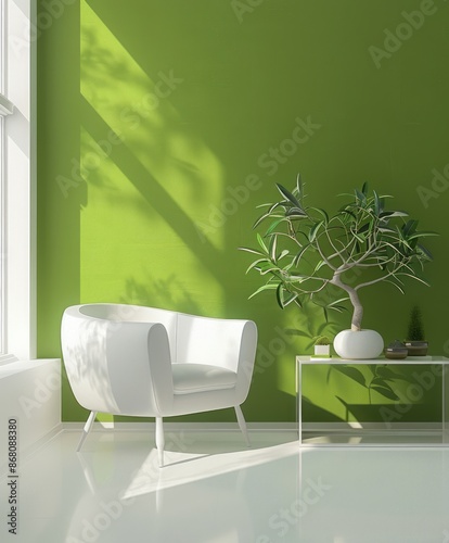 A minimalist green wall accented by white furniture