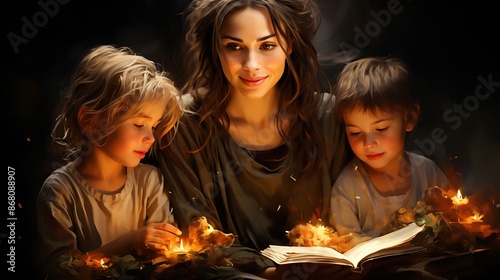 A mother reading bedtime stories from the Holy Bible to her children, instilling values of faith and love in their hearts photo